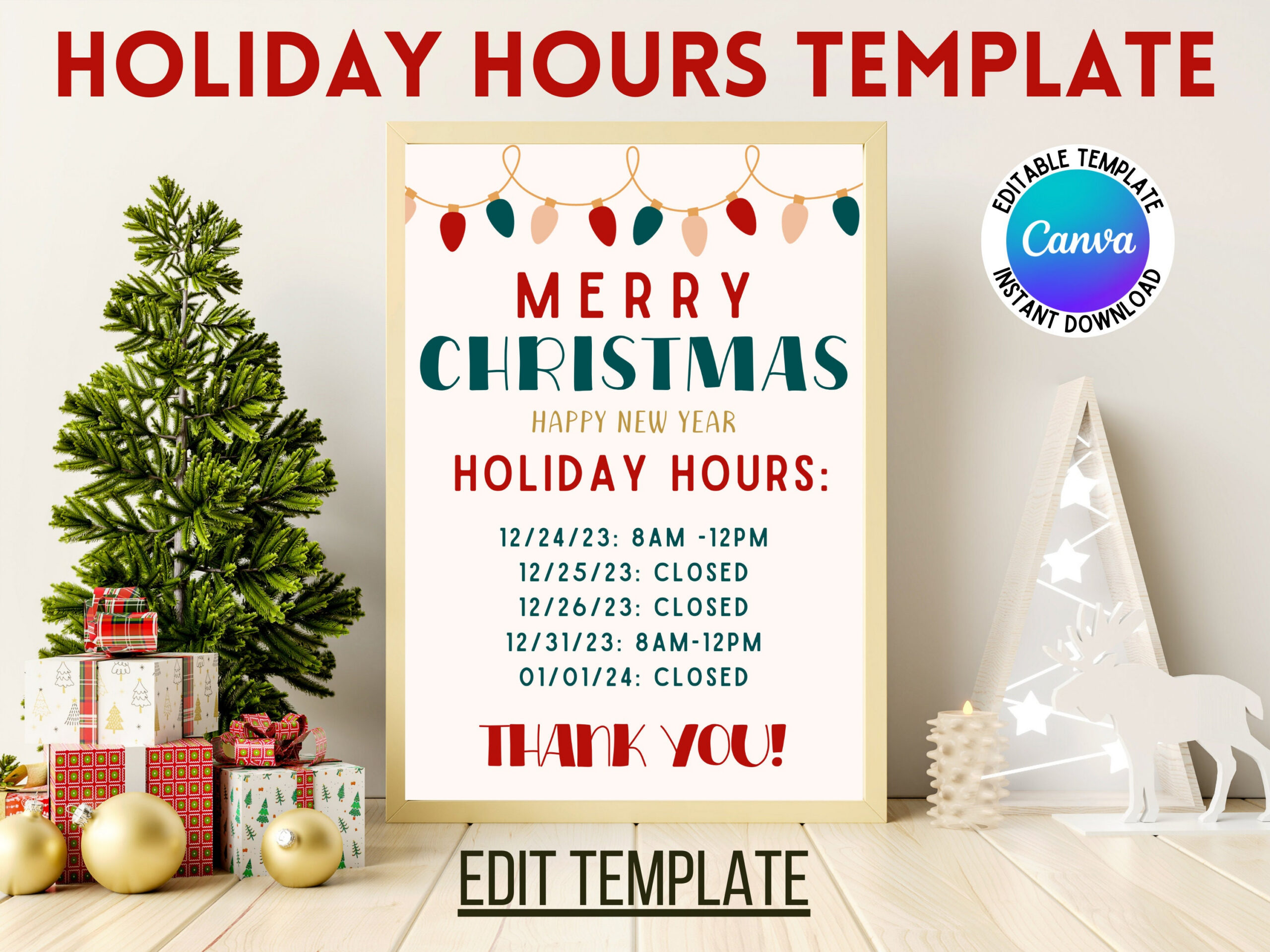 Editable Holiday Hours Template in Canva: Festive Flexibility for
