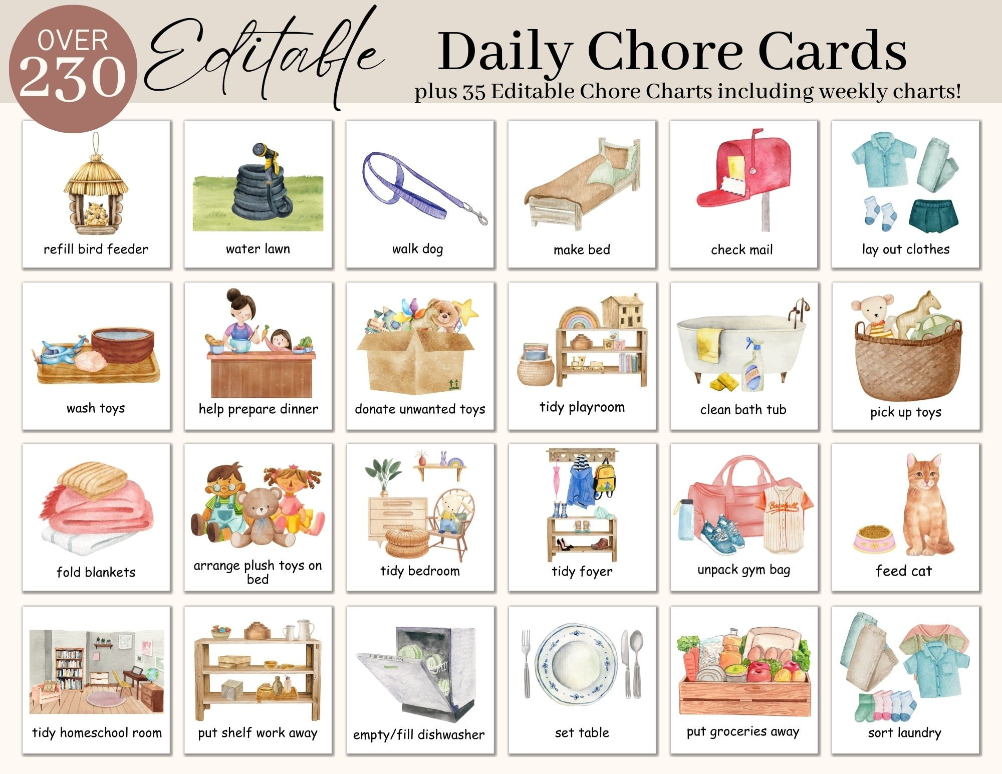Editable Kids Daily Chore Cards  Daily Visual Schedule  Canva