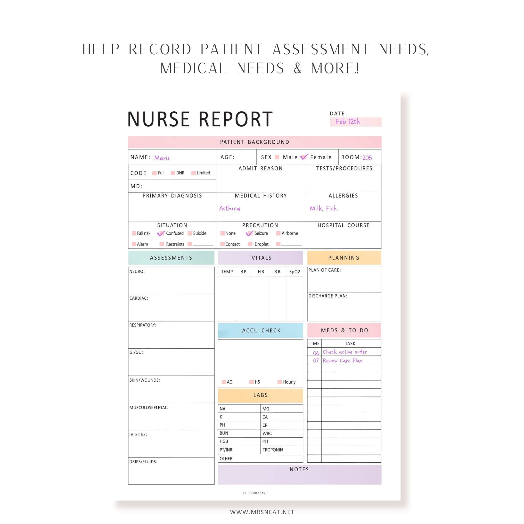 Editable Nurse Report Sheet Printable - M – mrsneat
