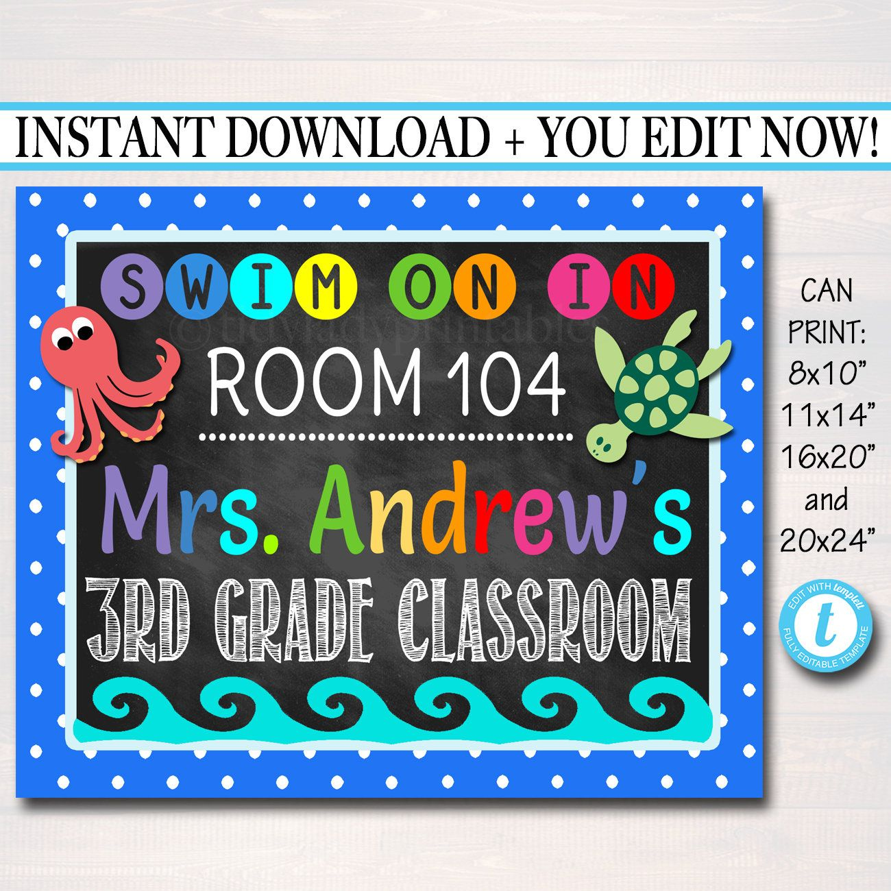 EDITABLE Printable Teacher Classroom Door Sign, Under the Sea