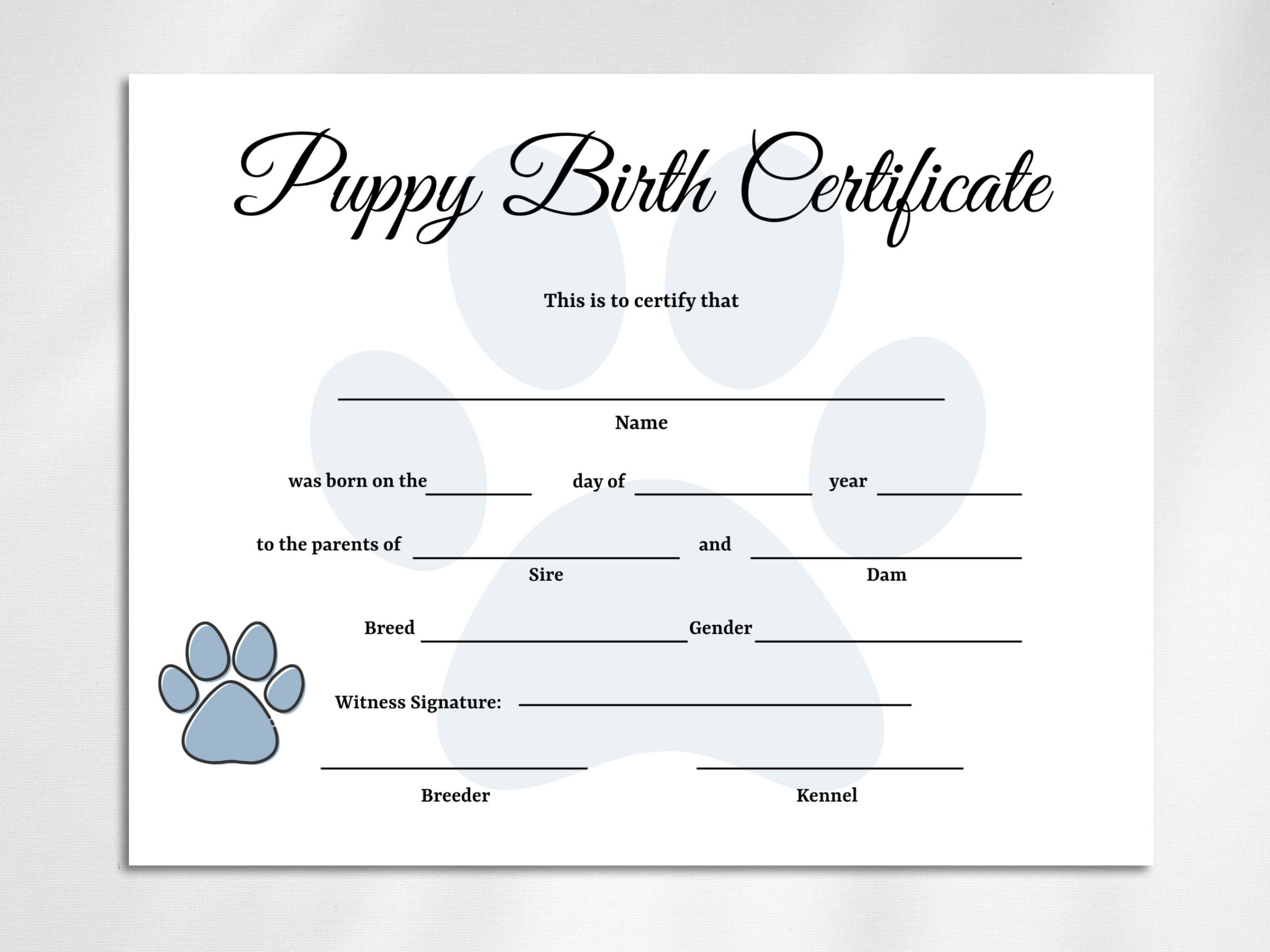 Editable Puppy Birth Certificate Template: Dog Adoption Keepsake (PDF)