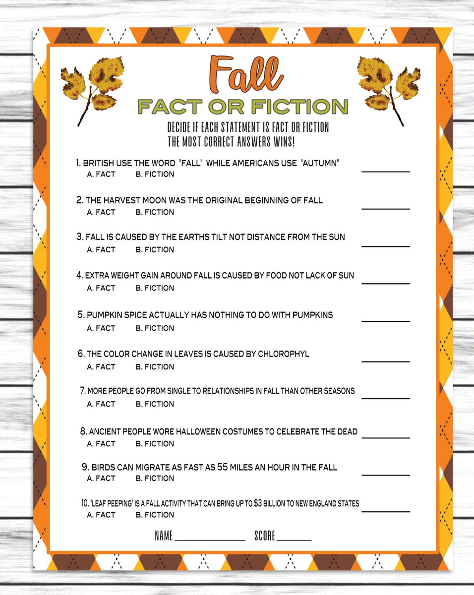 Fall Autumn Fact or Fiction Trivia Game, Printable Classroom Fall Autumn Fact or Fiction Trivia Game, Printable Classroom