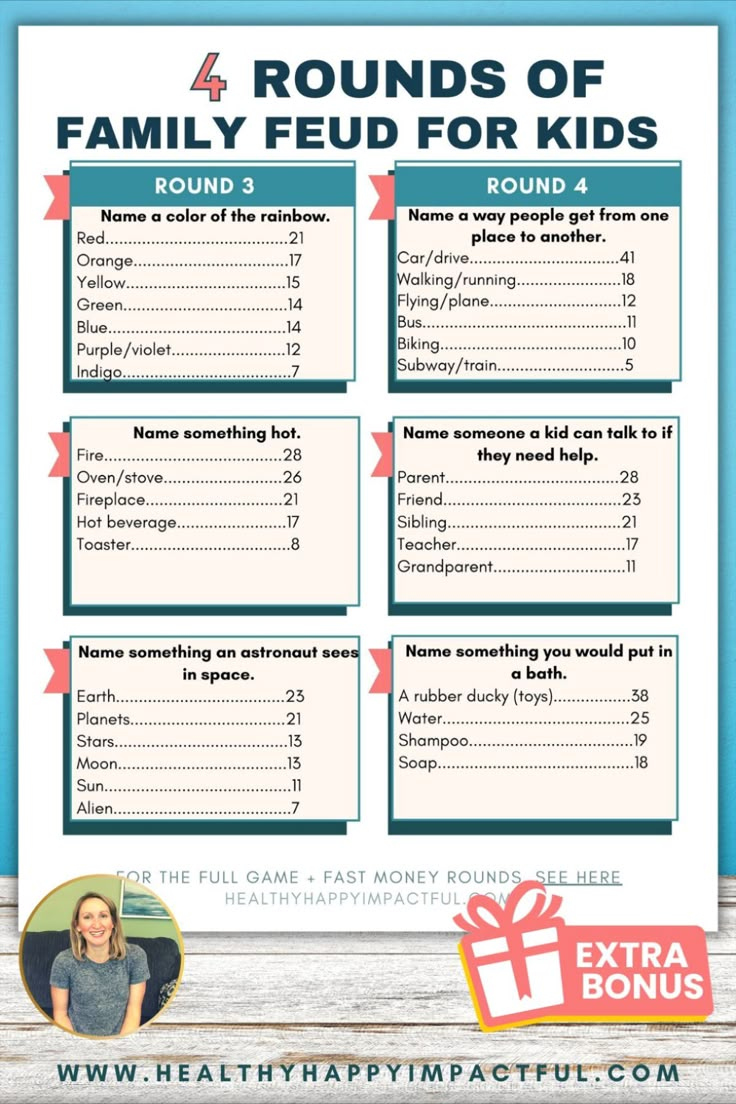 Family Feud Questions and Answers for Kids. Free Printable.