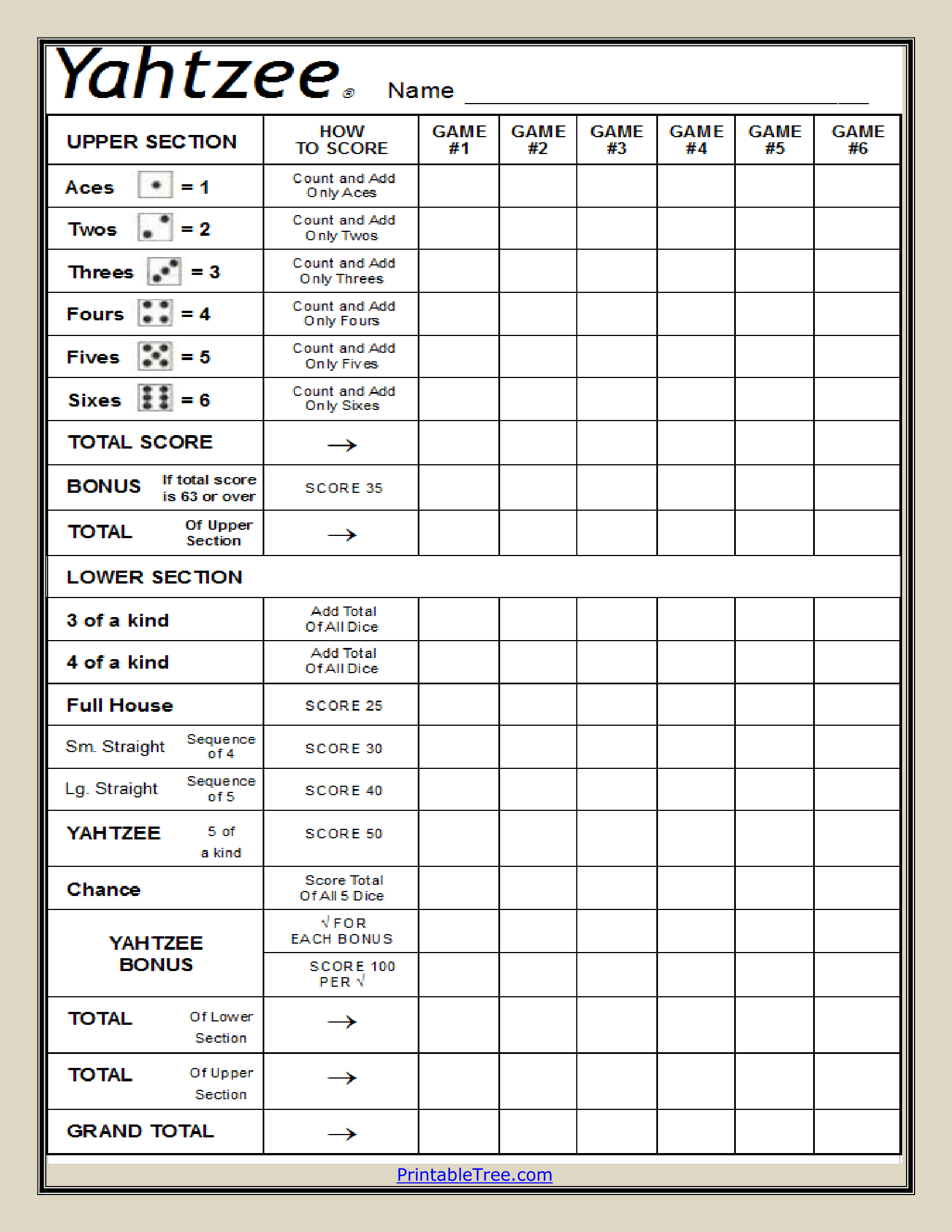 Family Games Free Printable Yahtzee Score Card Sheets PDF