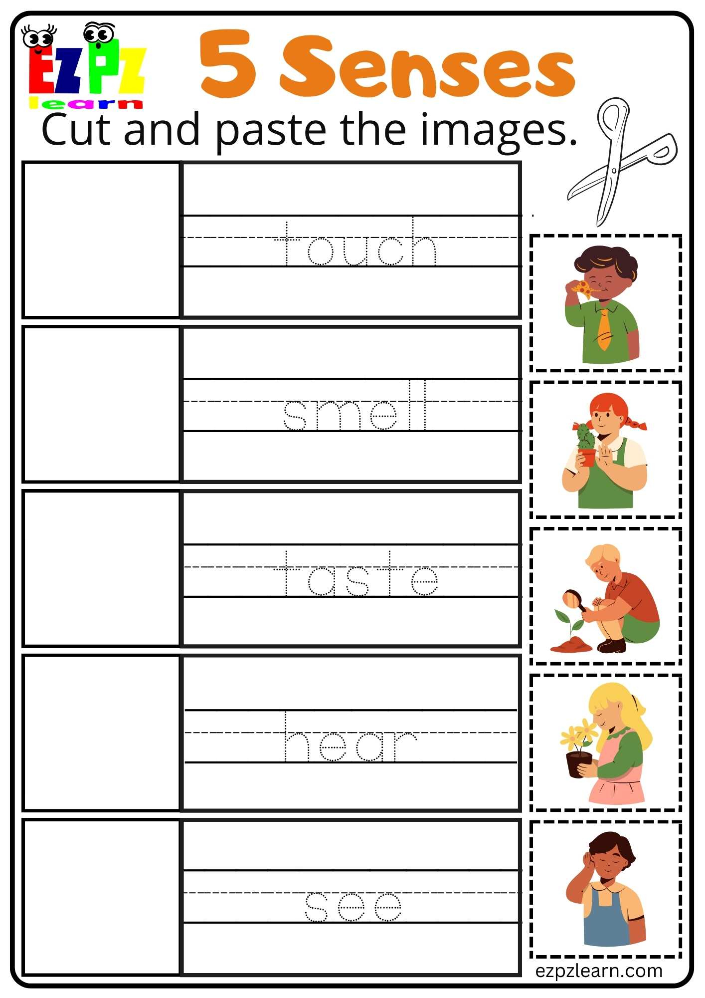 Five Senses Cut and Paste Worksheet for Kindergarten and ESL