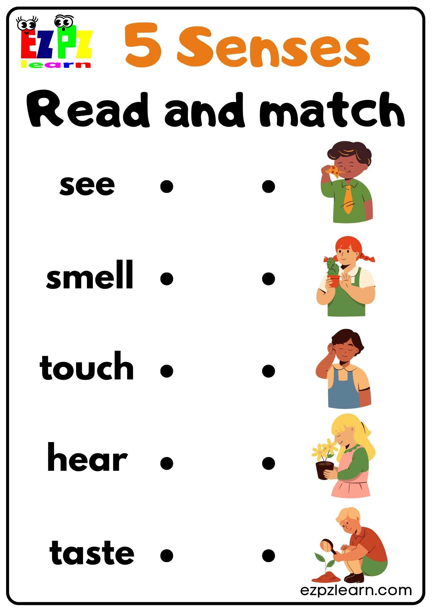 Five Senses Read and Match Worksheet for Kindergarten and ESL Five Senses Read and Match Worksheet for Kindergarten and ESL