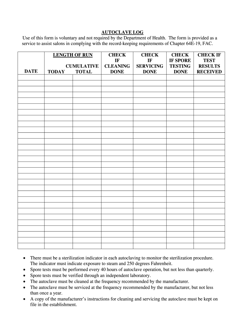 FL Autoclave Log Form - Fill Online, Printable, Fillable, Blank