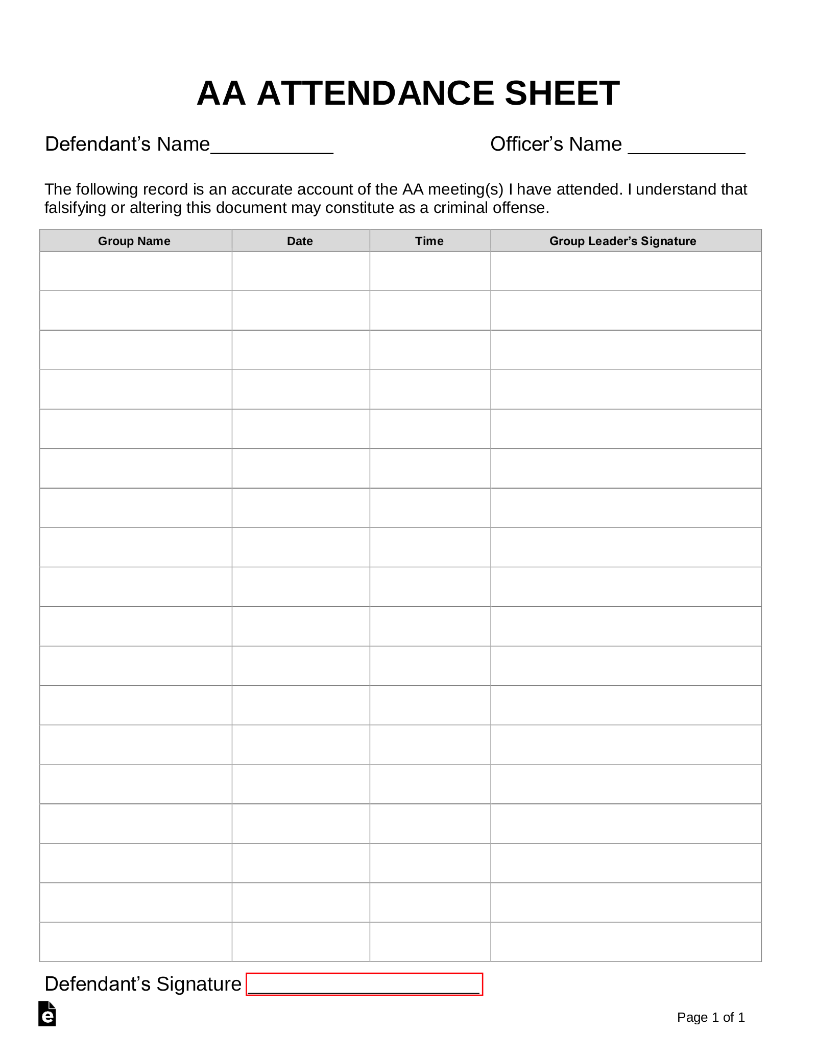 Free Alcoholics Anonymous (AA) Sign-in/Attendance Sheet Template