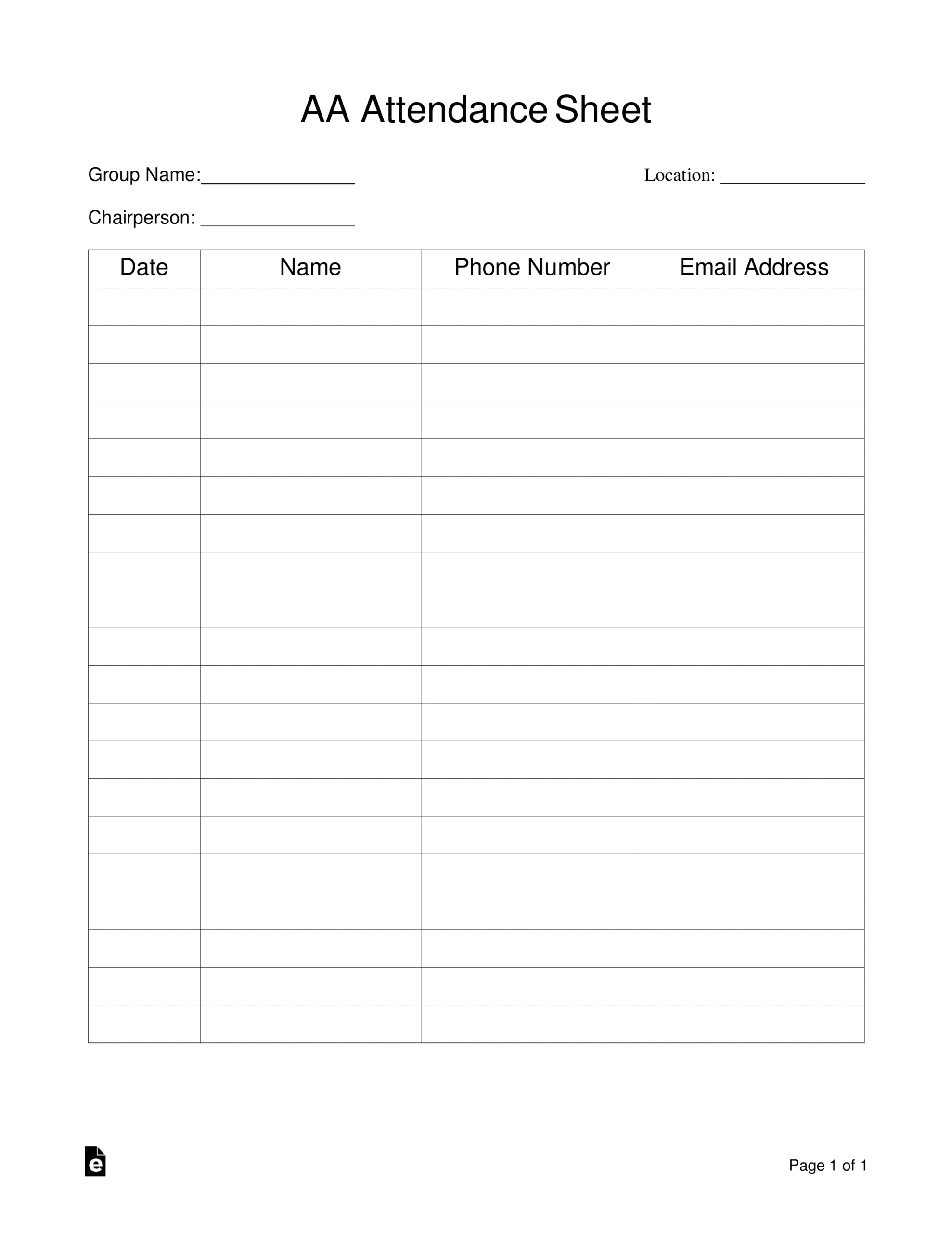 Free Alcoholics Anonymous (AA) Sign-in / Attendance Sheet Template