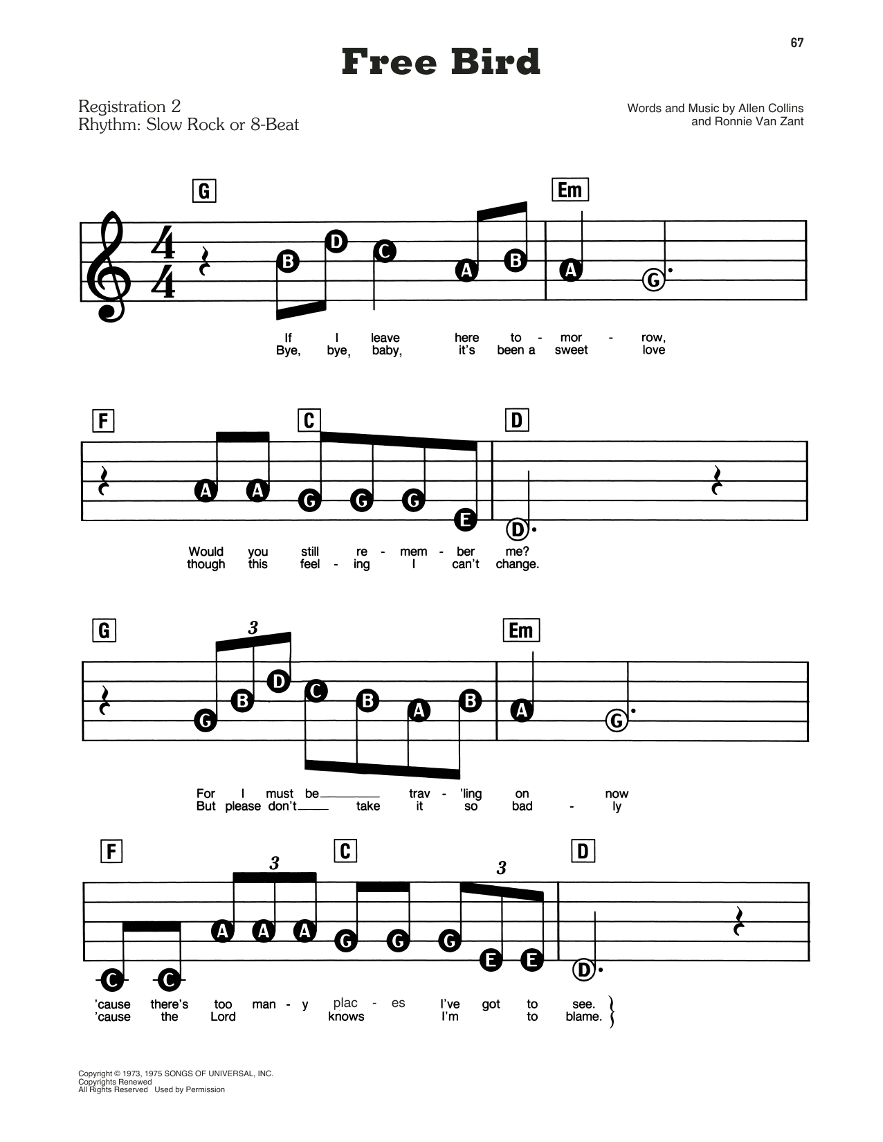 Free Bird by Lynyrd Skynyrd Sheet Music for E-Z Play Today at Free Bird by Lynyrd Skynyrd Sheet Music for E-Z Play Today at