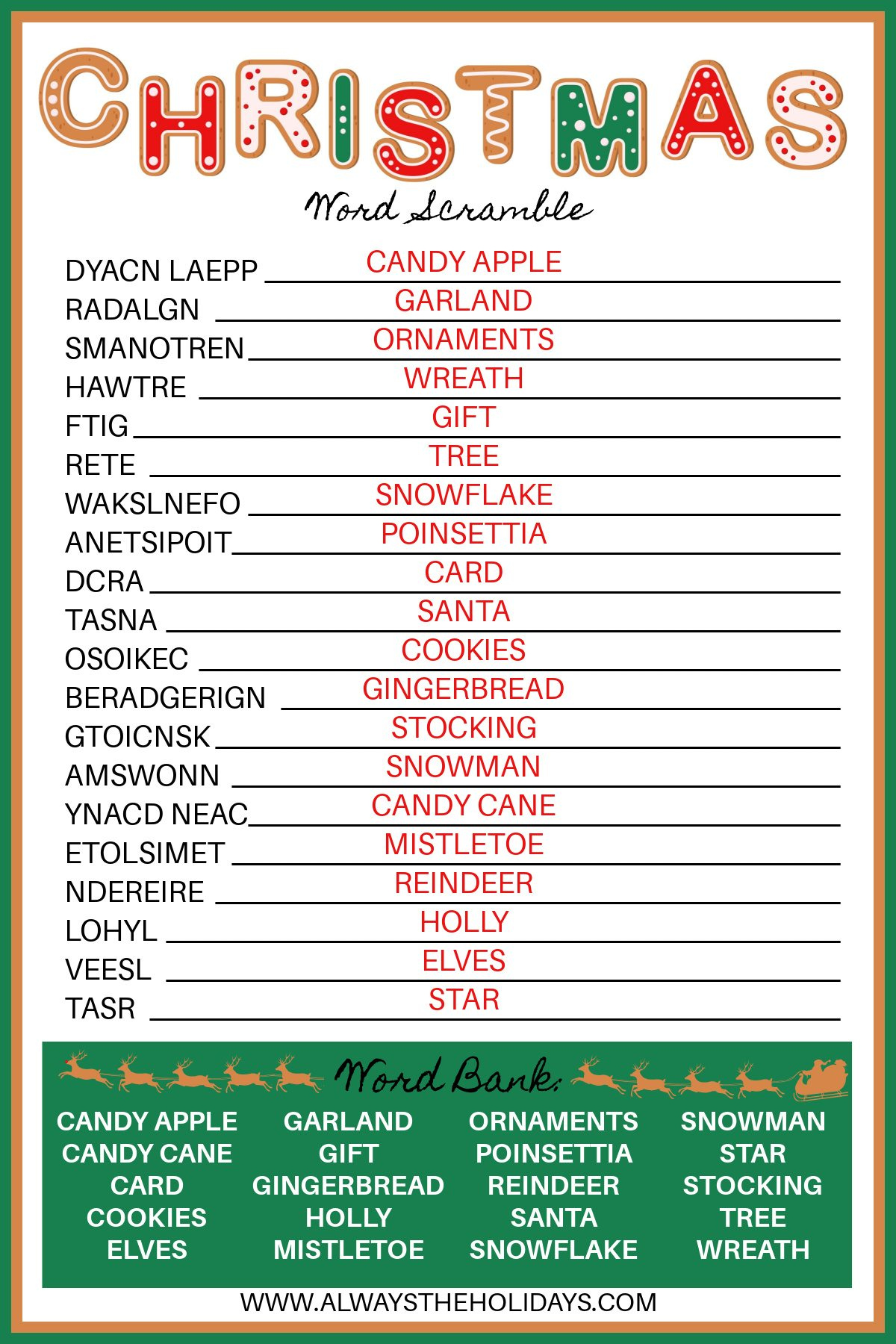 Free Christmas Word Scramble Printable with Answer Key Included