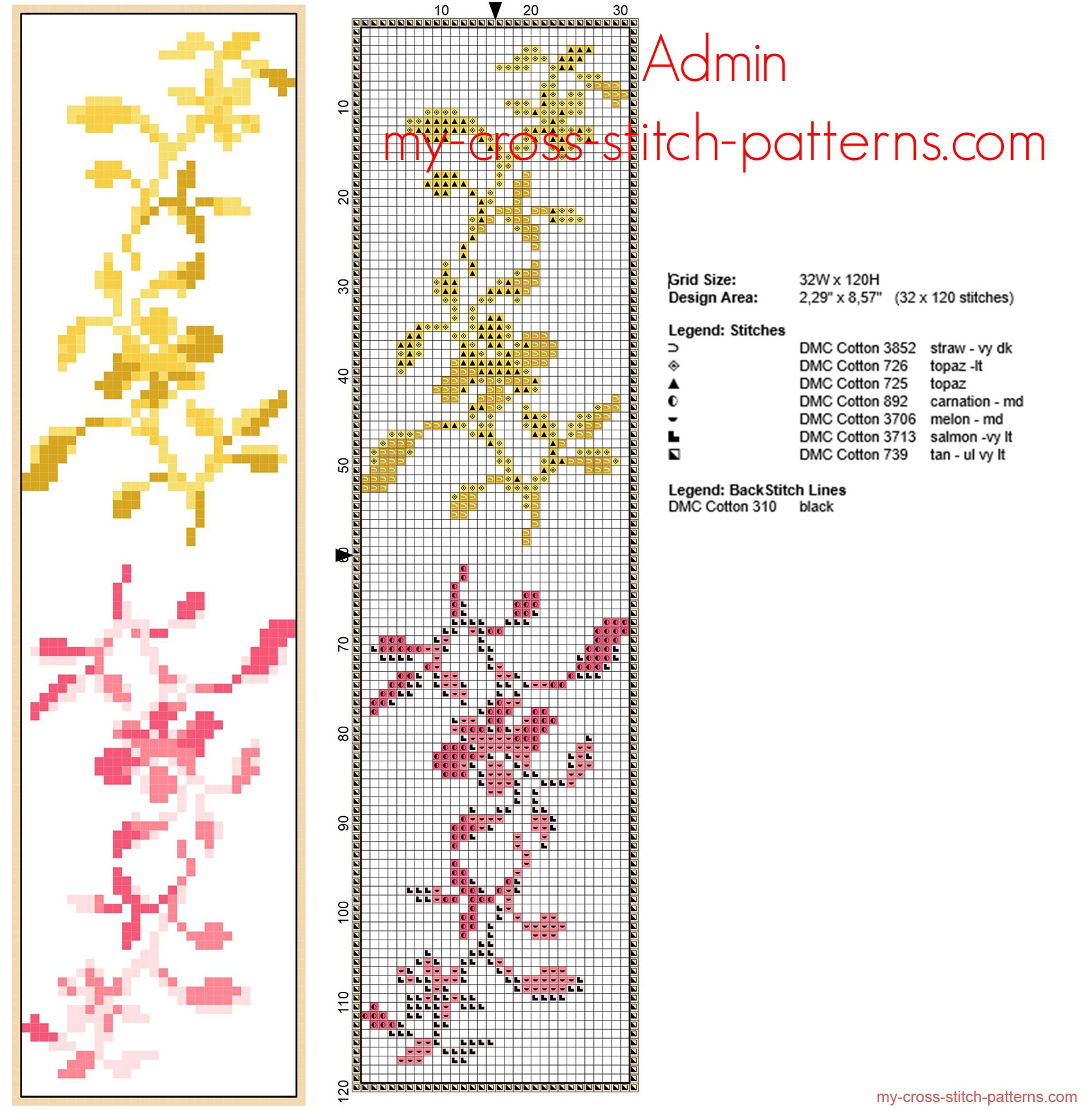 Free cross stitch bookmark with small yellow and pink flowers