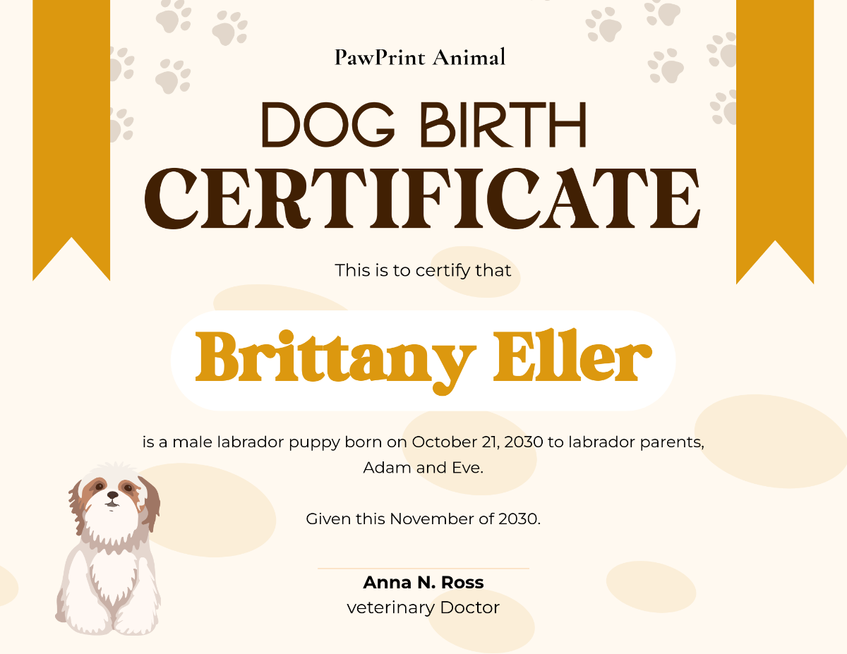 Free Dog Birth Certificate Template to Edit Online