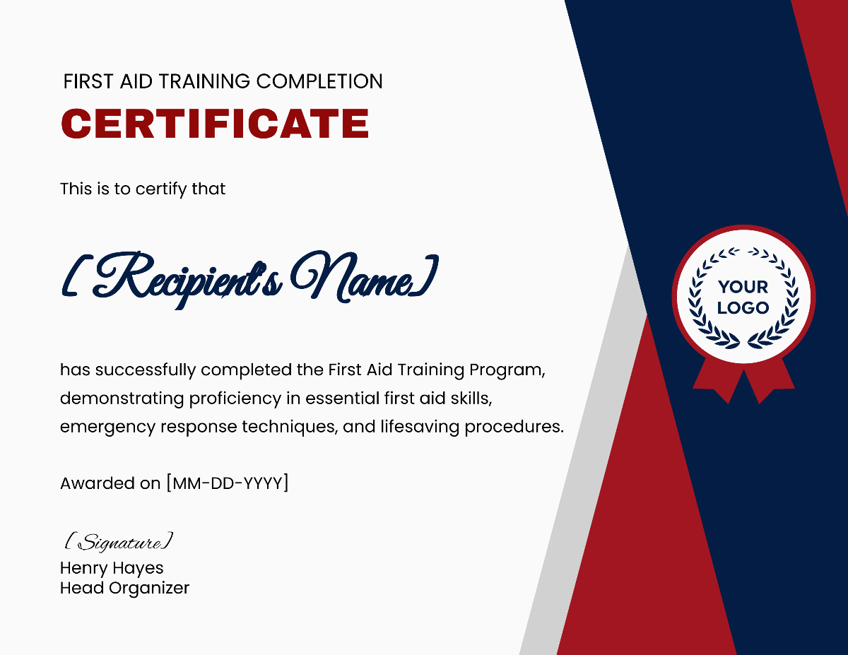 Free First Aid Training Completion Certificate Template to Edit Online