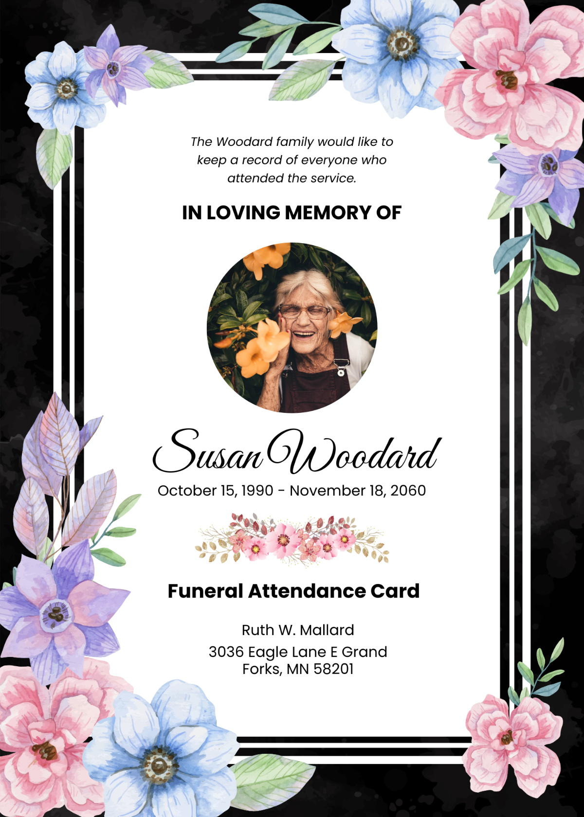 Free Floral Funeral Attendance Card Template to Edit Online