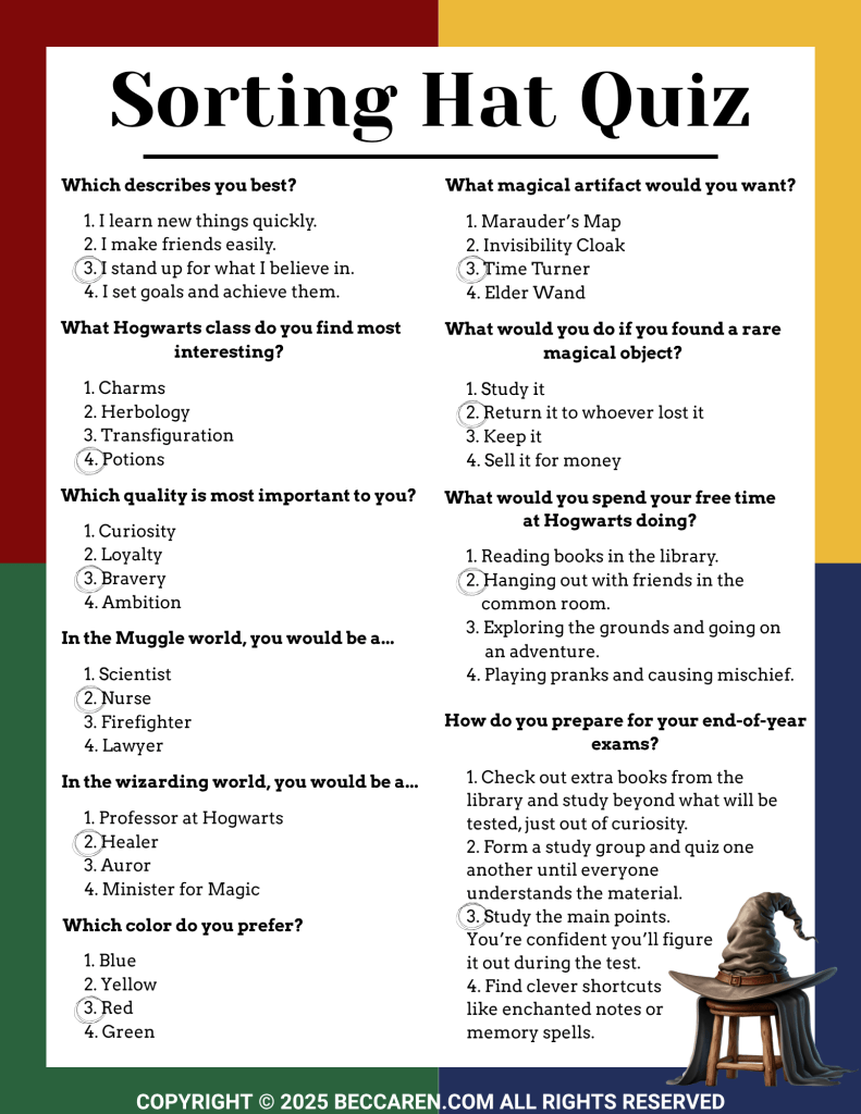 FREE Harry Potter Sorting Hat Quiz Printable -