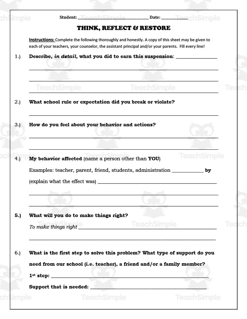 Free in school suspension worksheet, Download Free in school
