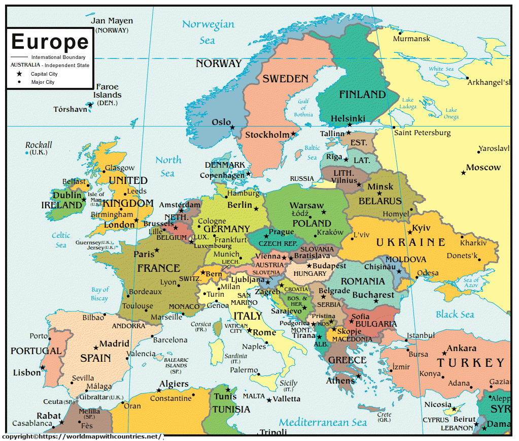 Free Labeled Map Of Europe with Countries in PDF