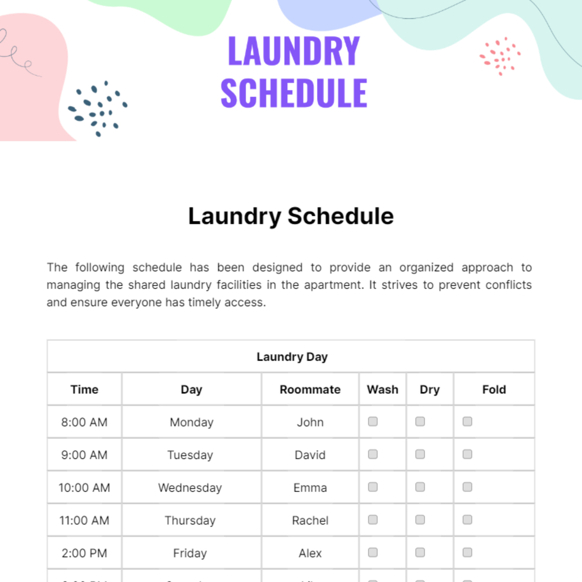 Free Laundry Schedule Template to Edit Online