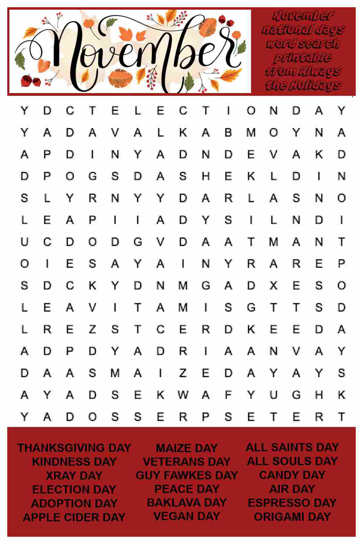 Free November Word Search Printable - National Days Word Find