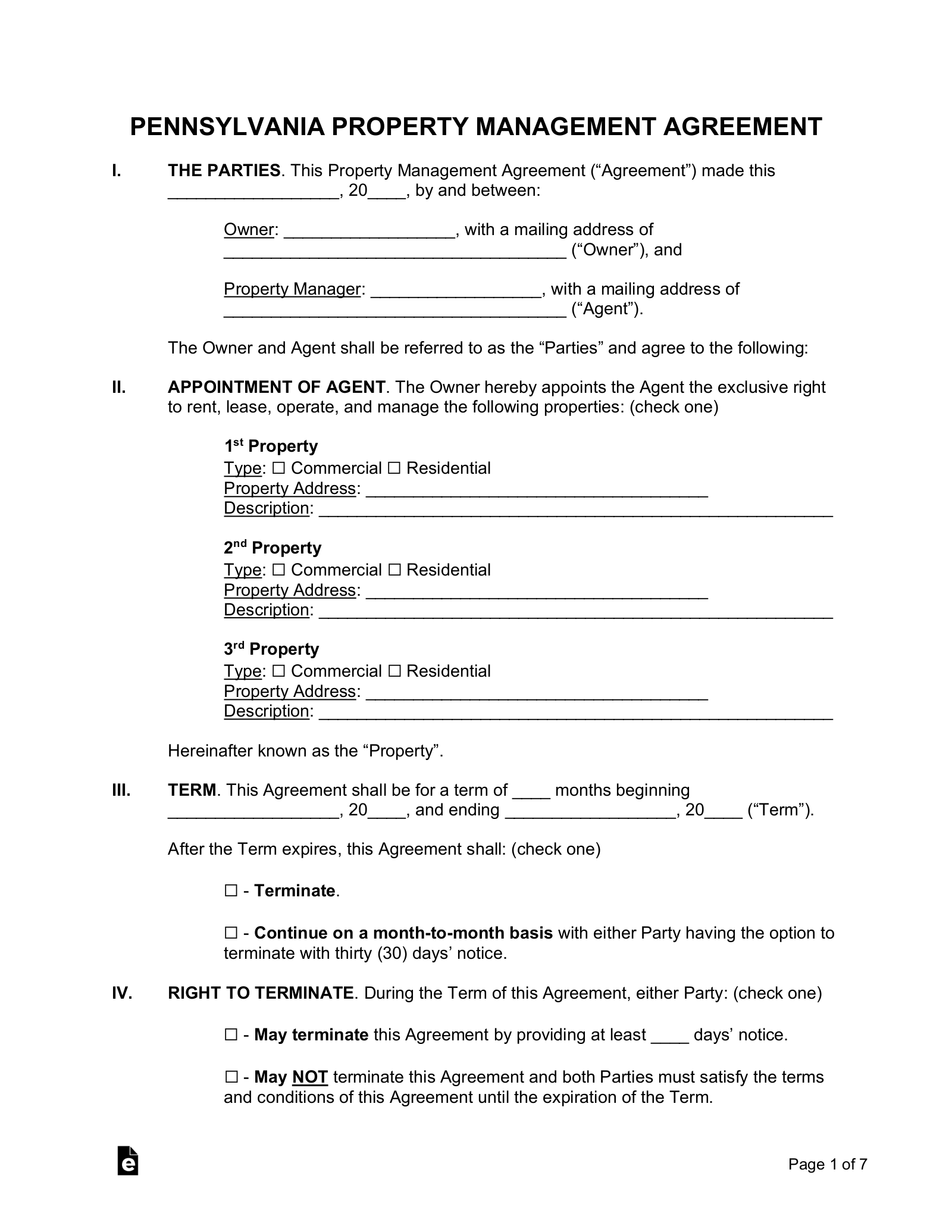 Free Pennsylvania Property Management Agreement Template - PDF