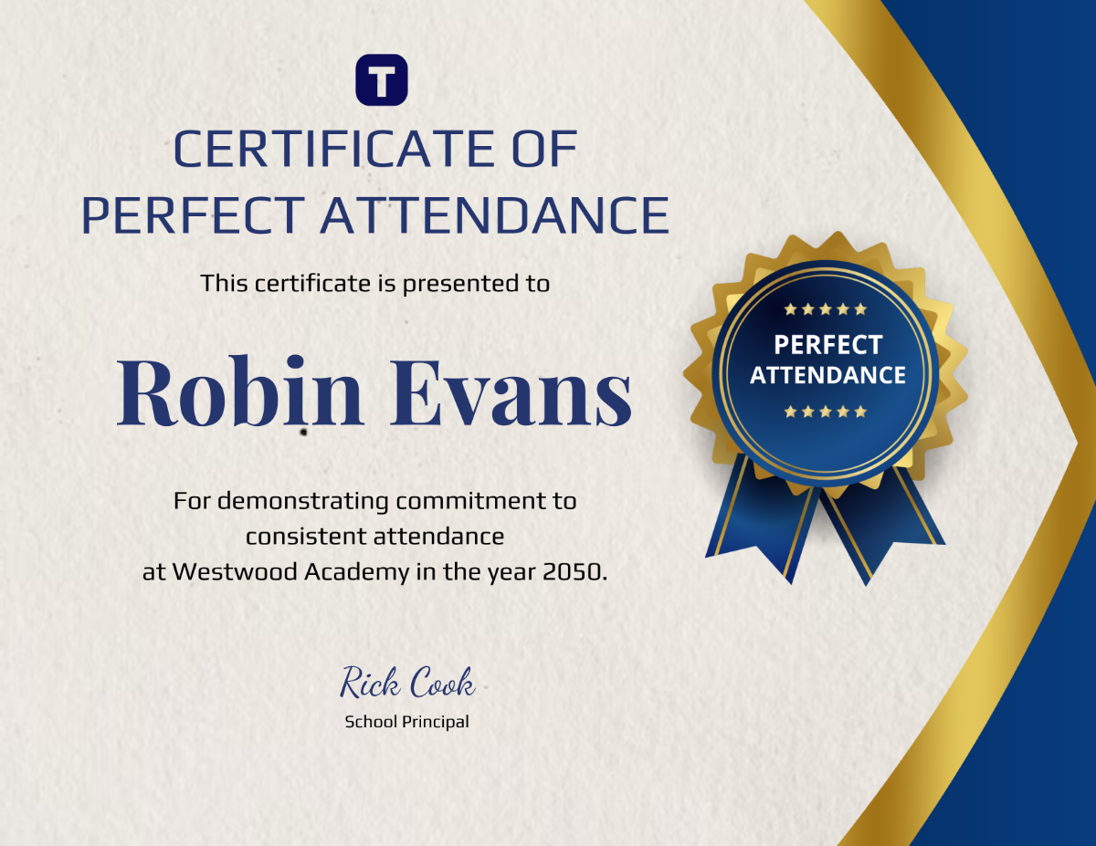 Free Perfect Attendance Award Certificate Template to Edit Online