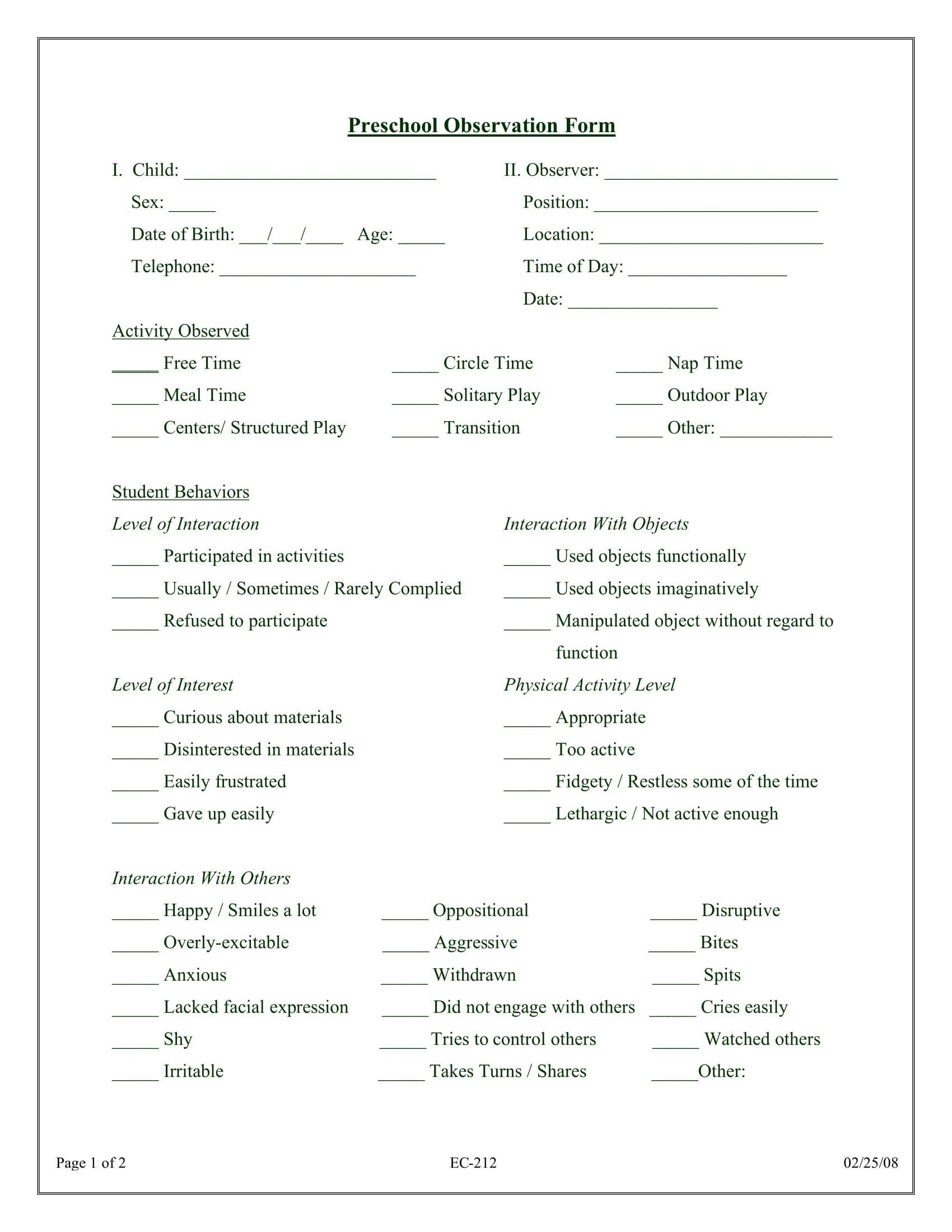 FREE + Preschool Observation Form Samples, PDF, MS Word, Google Docs