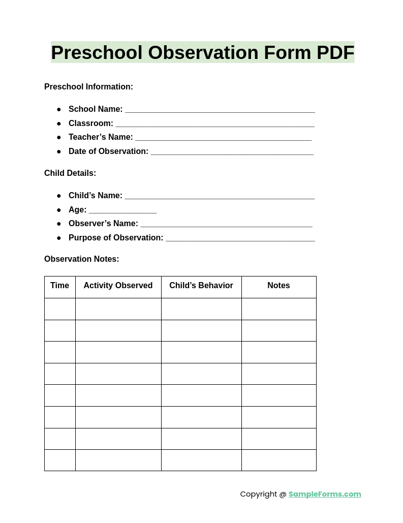 FREE + Preschool Observation Form Samples, PDF, MS Word, Google Docs