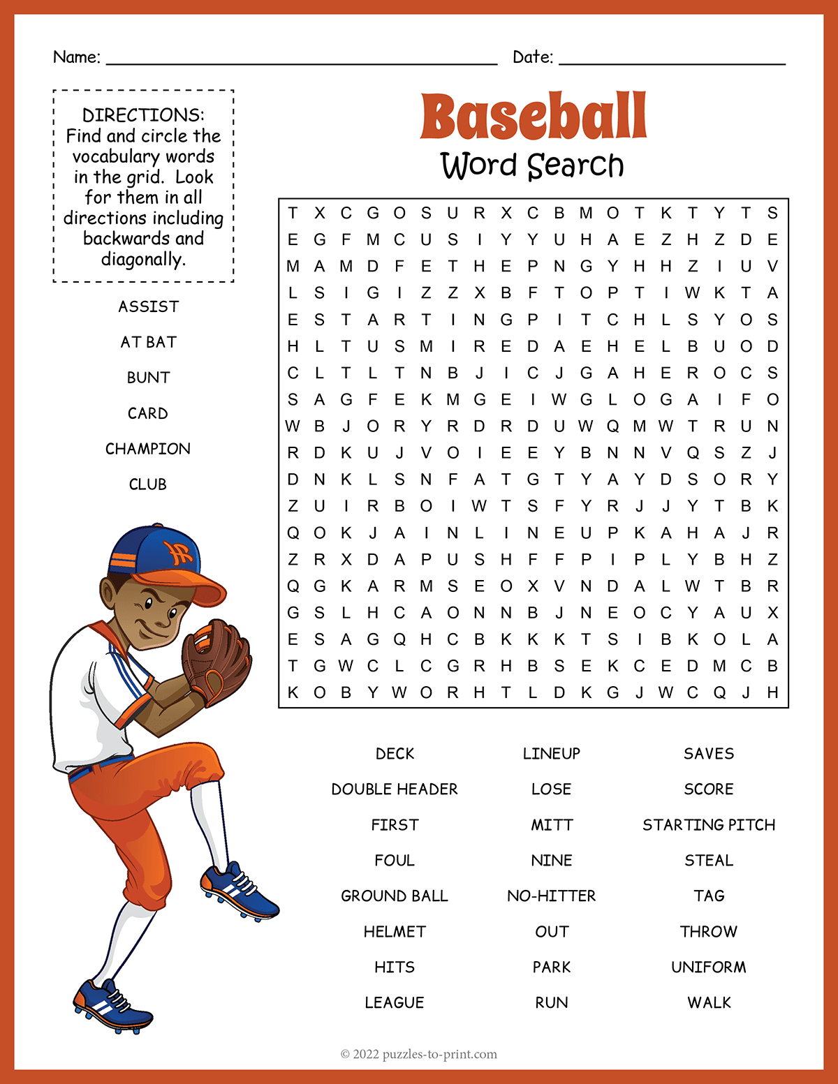 Free Printable Baseball Word Search