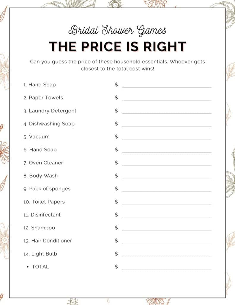 Free Printable: Bridal Shower "Price is Right" Game