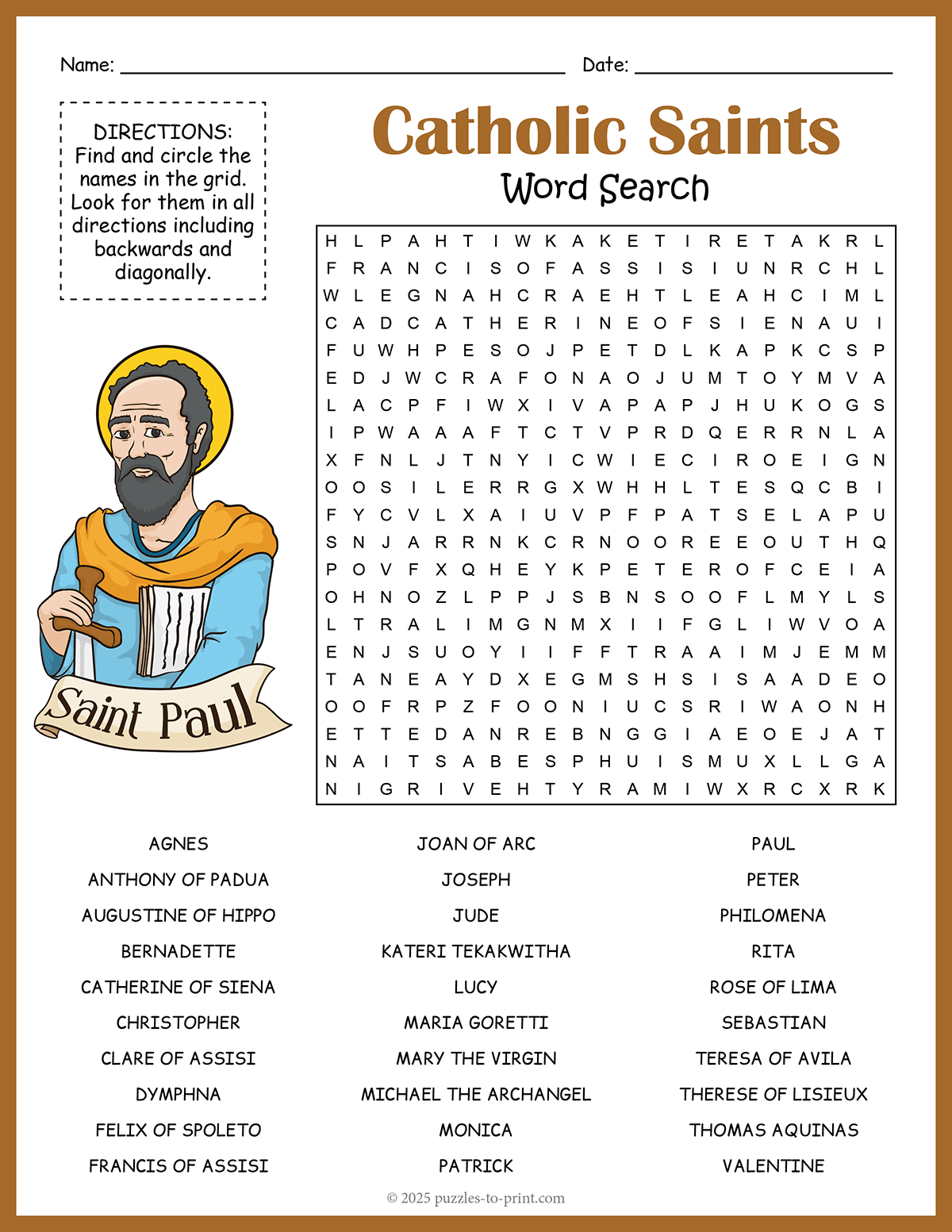 Free Printable Catholic Saints Word Search