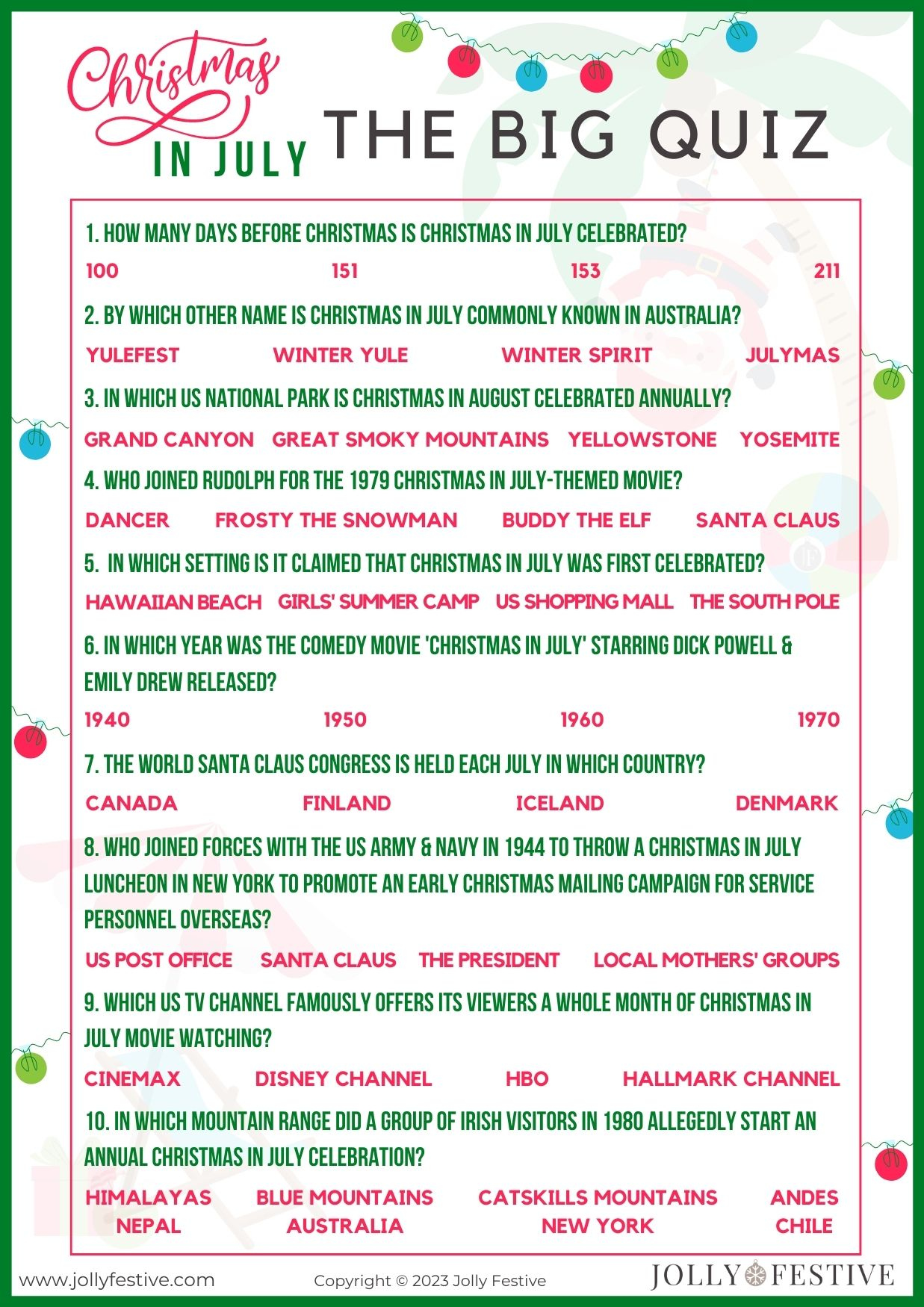 Free Printable Christmas in July Trivia Quiz - Jolly Festive