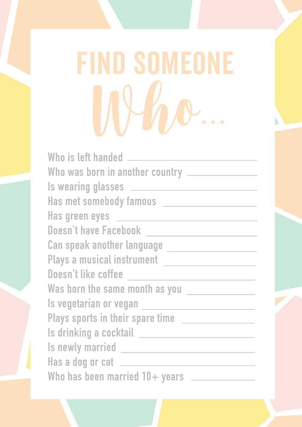 FREE PRINTABLE ENGAGEMENT PARTY OR WEDDING ICE BREAKER GAME FIND
