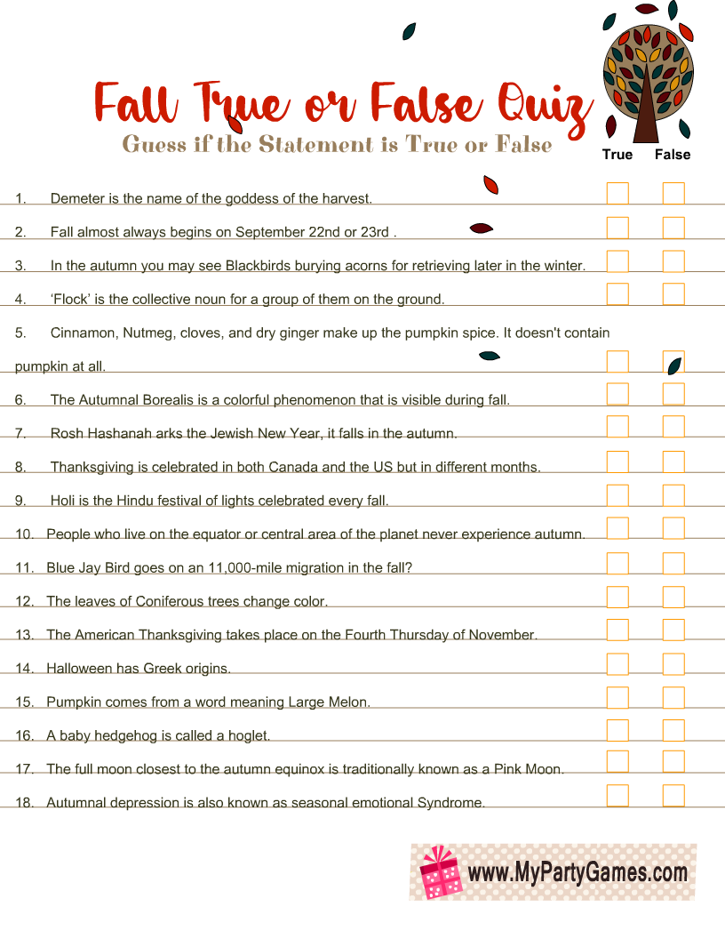 Free Printable Fall True or False Trivia Quiz Free Printable Fall True or False Trivia Quiz