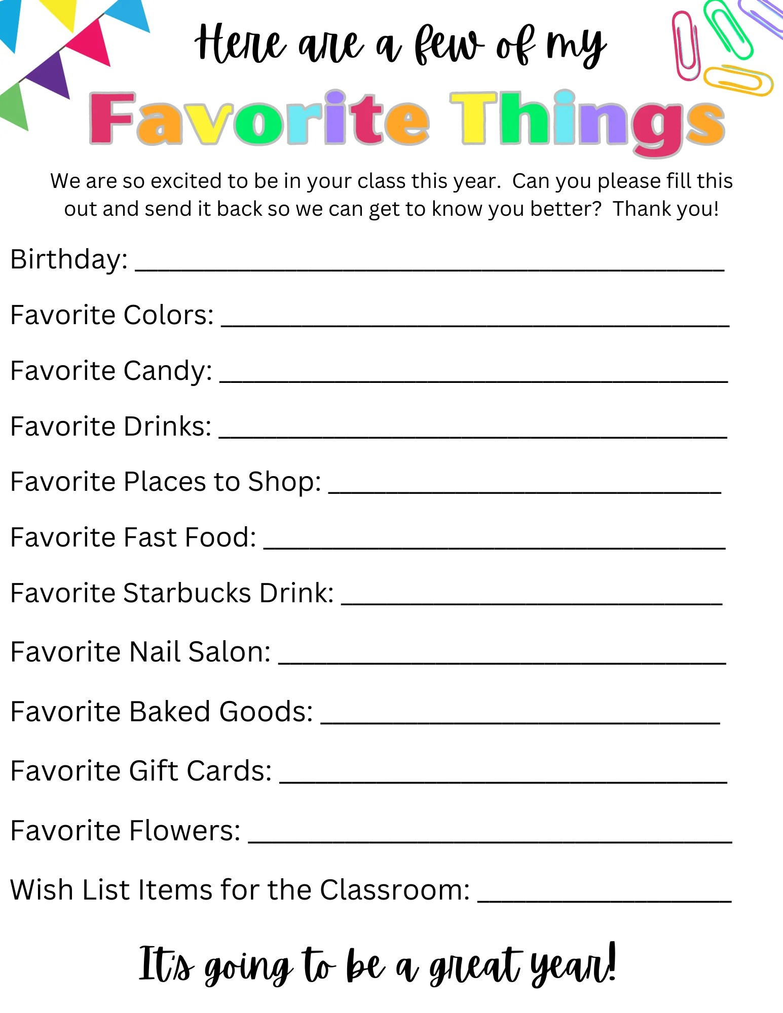 Free Printable Favorite Things List - Printable Party Favors