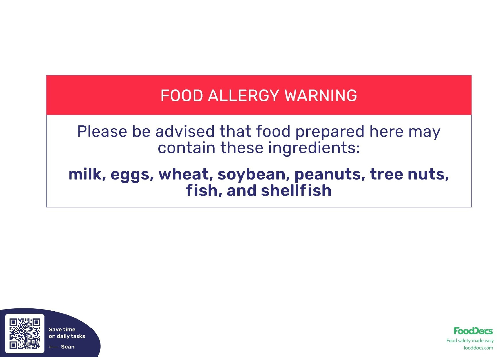 Free Printable Food Allergy Warning Sign  Download PDF