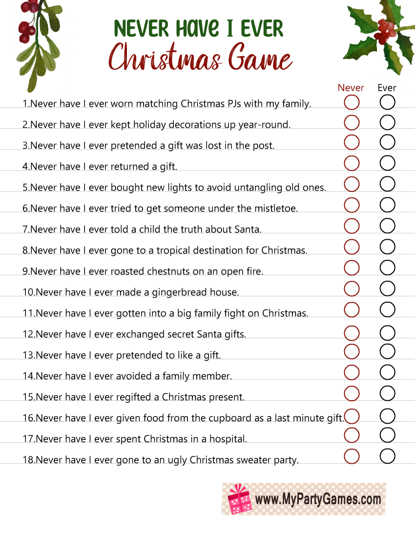 Free Printable Never Have I Ever Christmas Game for Adults