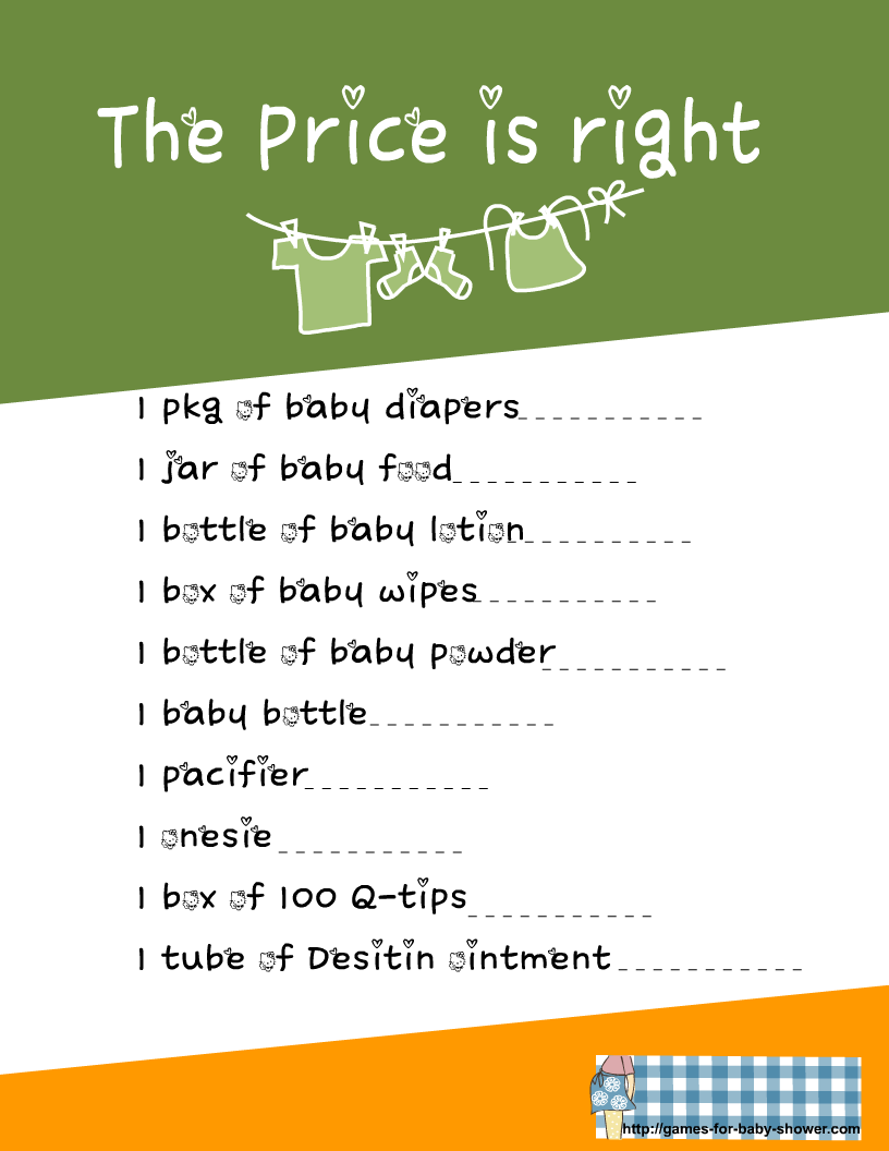 Free Printable Price is Right Game for baby Shower