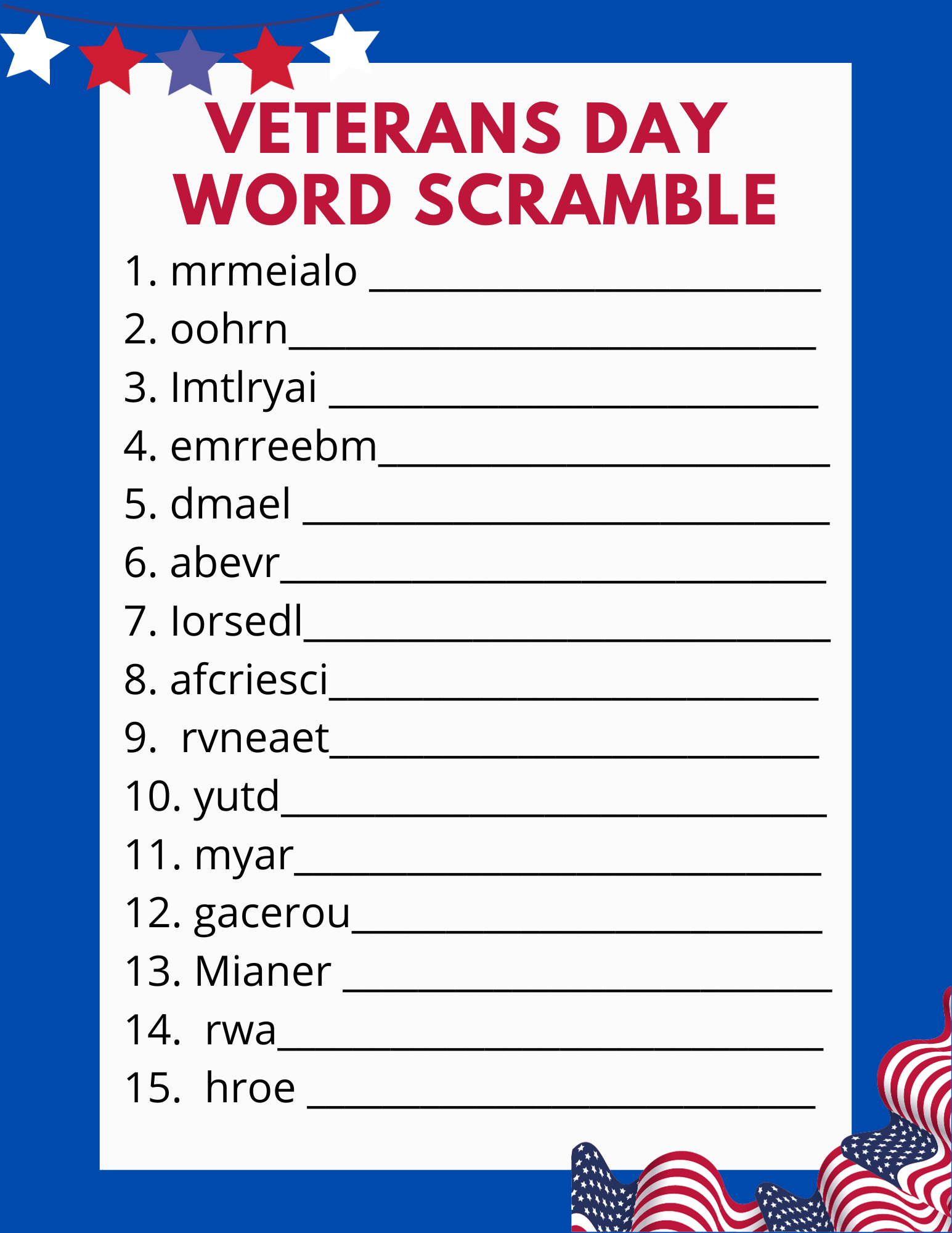 Free Printable Veterans Day Word Scramble - Classy Mommy Free Printable Veterans Day Word Scramble - Classy Mommy