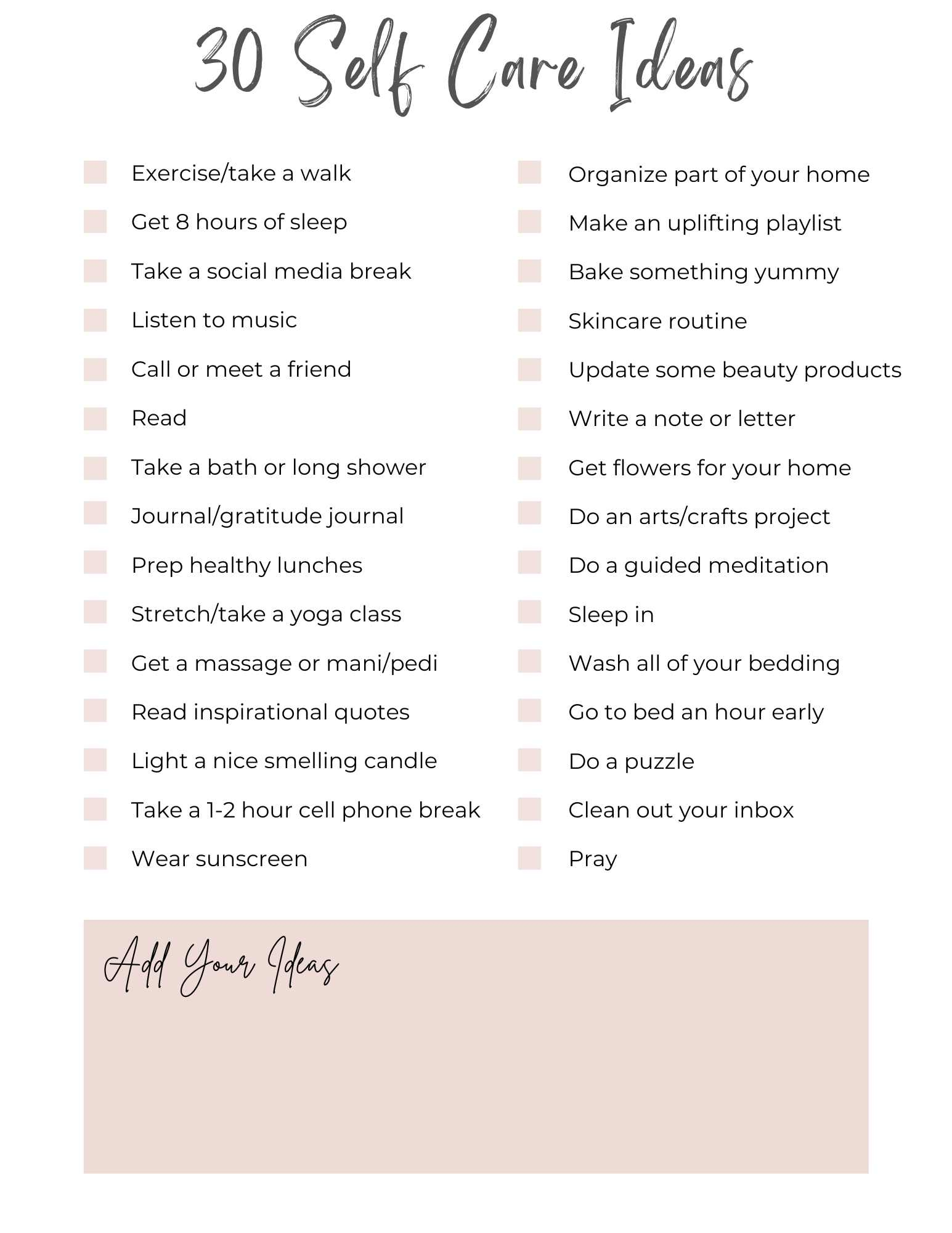 Free Printable Weekly Self-Care Checklist Customizable