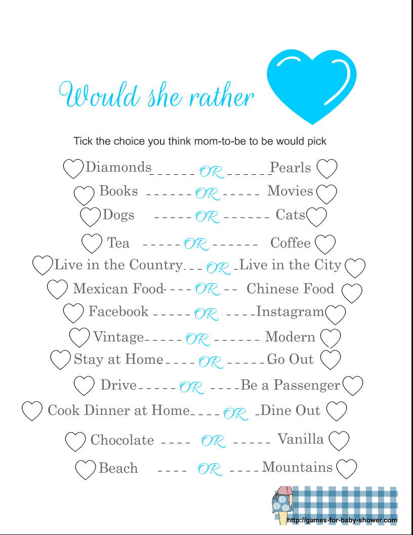 Free Printable Would She Rather Baby Shower Game