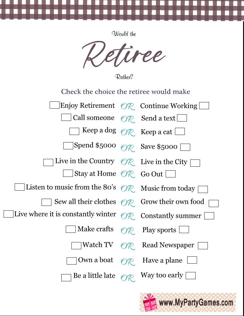 Free Printable Would the Retiree Rather? Retirement Game Free Printable Would the Retiree Rather? Retirement Game