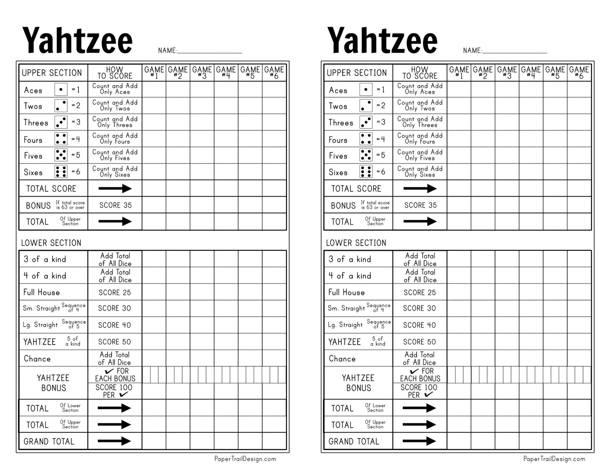 Free Printable Yahtzee Score Card - Paper Trail Design