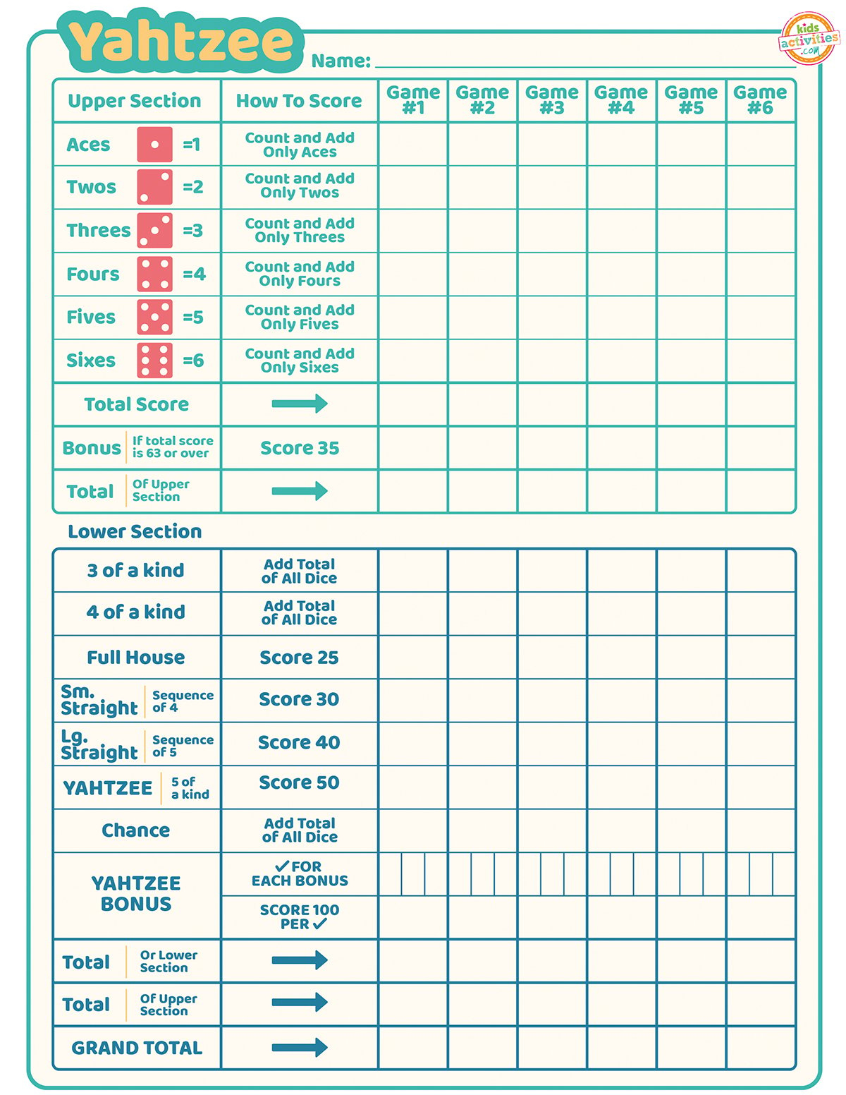 Free Printable Yahtzee Score Cards  Kids Activities Blog