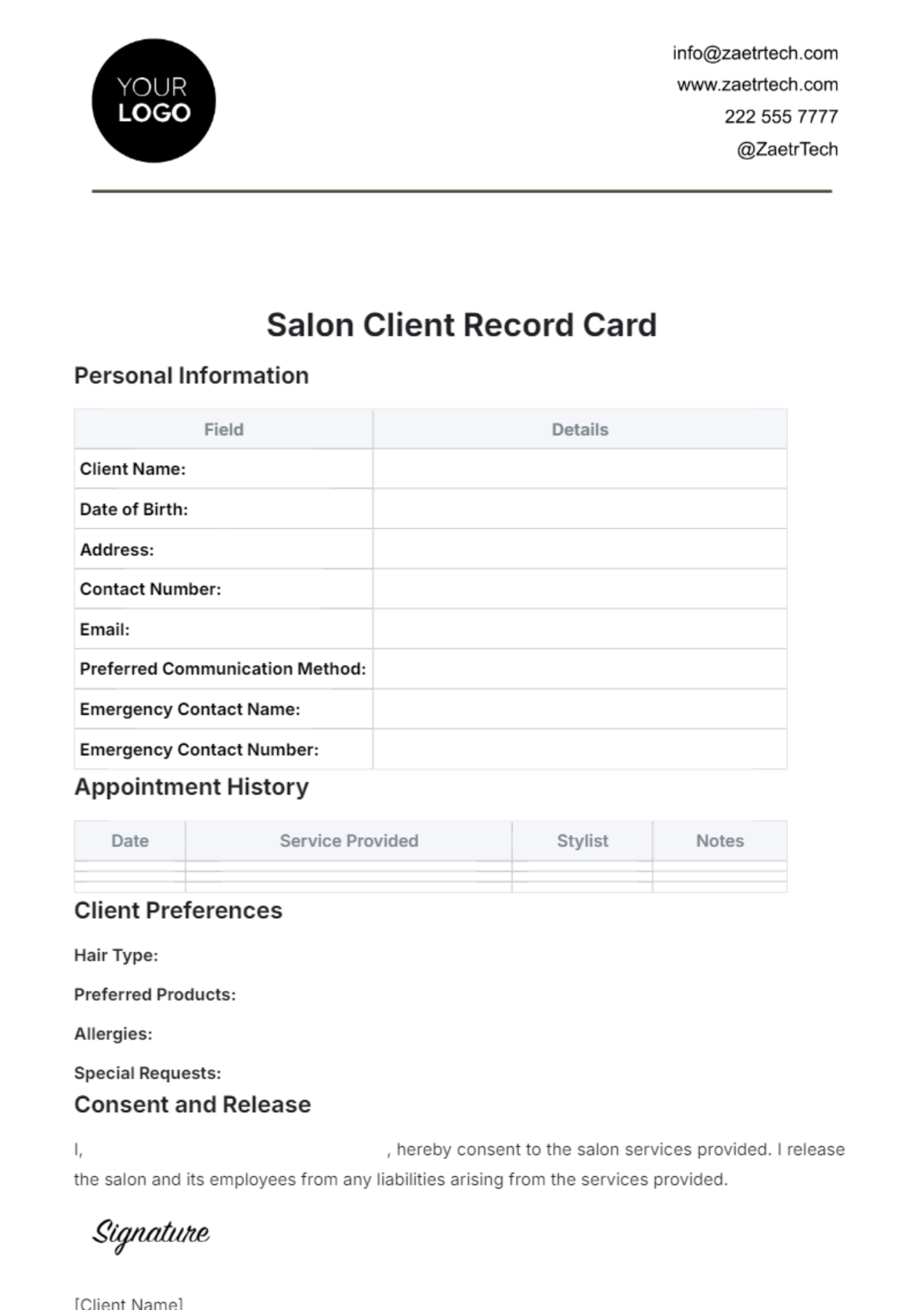 Free Salon Client Record Card Template to Edit Online