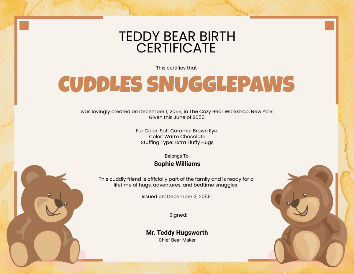Free Teddy Bear Birth Certificate Template to Edit Online