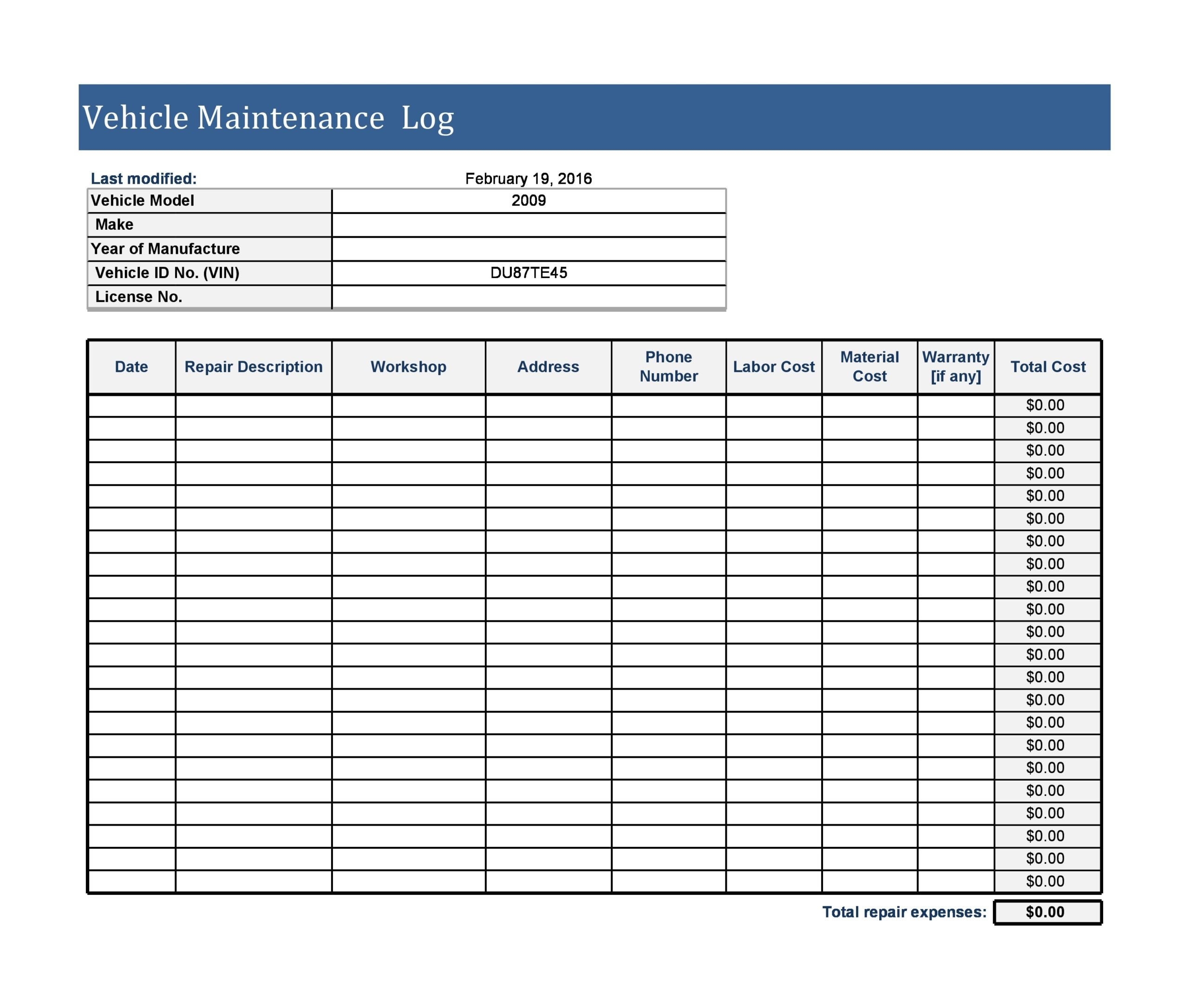 Free Vehicle Maintenance Logs [Excel, PDF, Word] - TemplateArchive