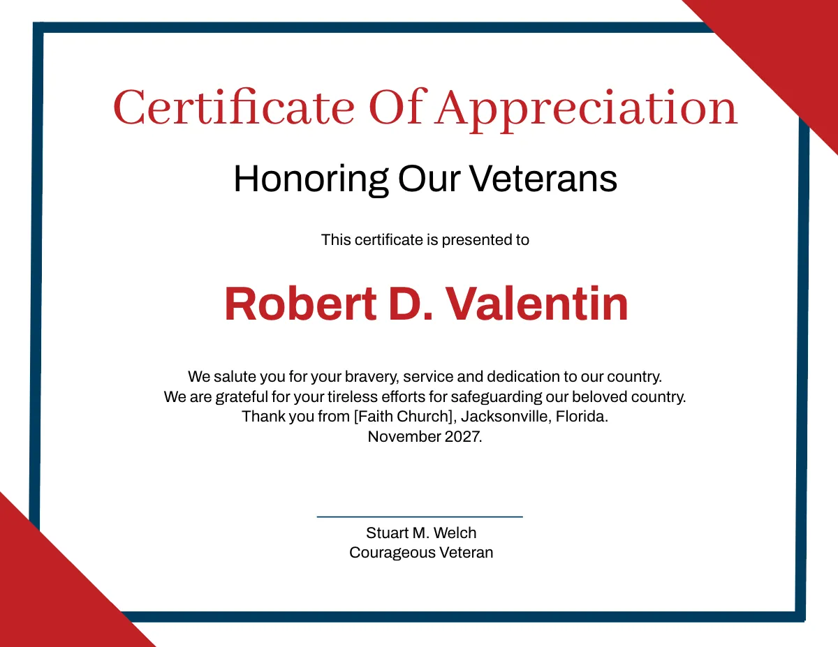 Free Veterans Day Appreciation Certificate Template to Edit Online