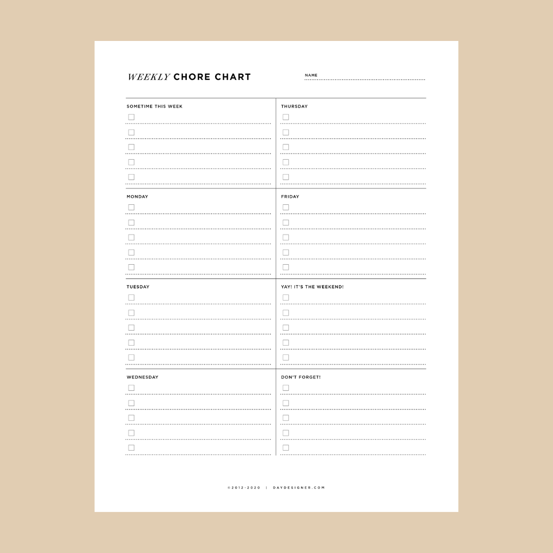 Free Weekly Chore Chart Printable  Day Designer