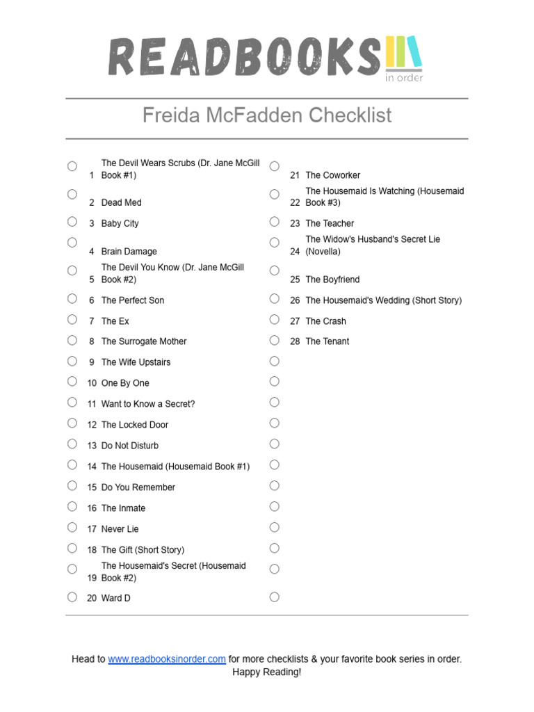 Freida McFadden Books Printable Checklist PDF Freida McFadden Books Printable Checklist PDF